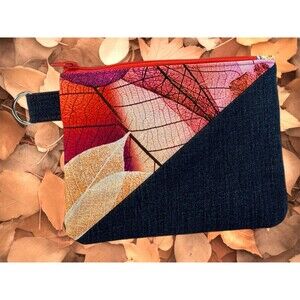 Handmade Upcycled Denim Fall Leaves Zipper Pouch Wallet Cotton Lined